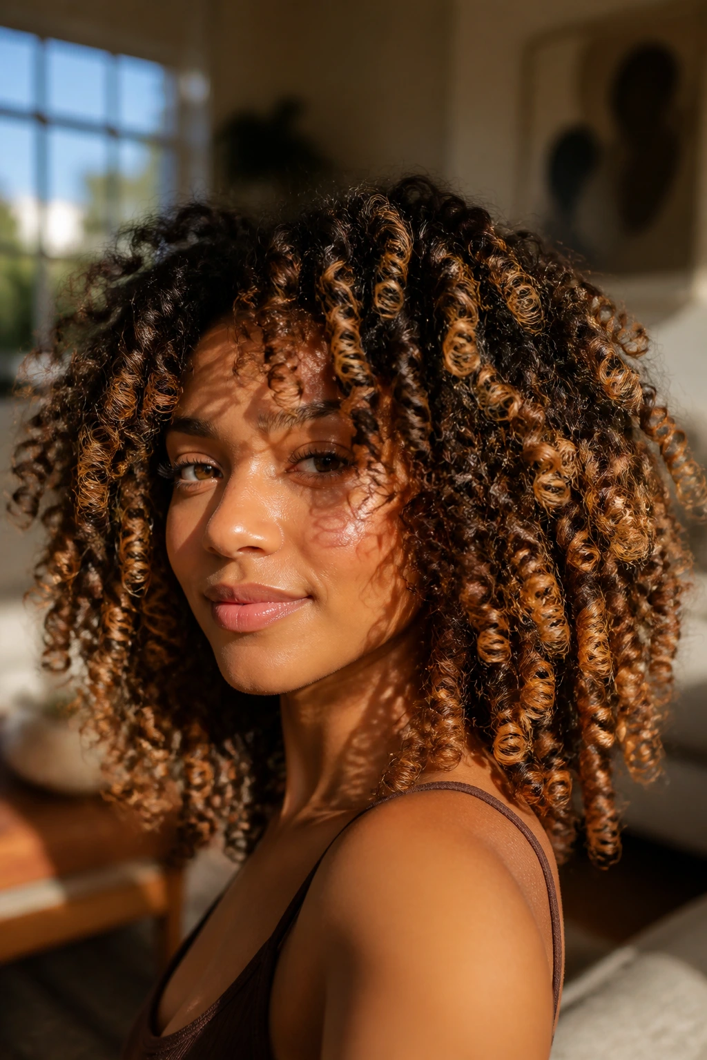 Close-up of a real woman with varied caramel tones in her curls