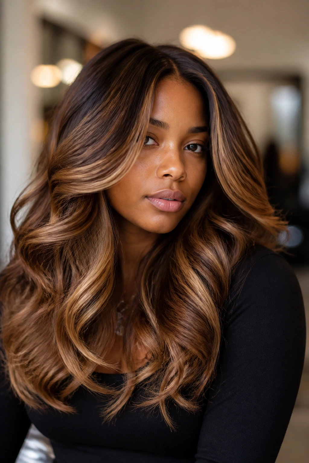 Portrait of a woman showcasing caramel color variations in sew-in.