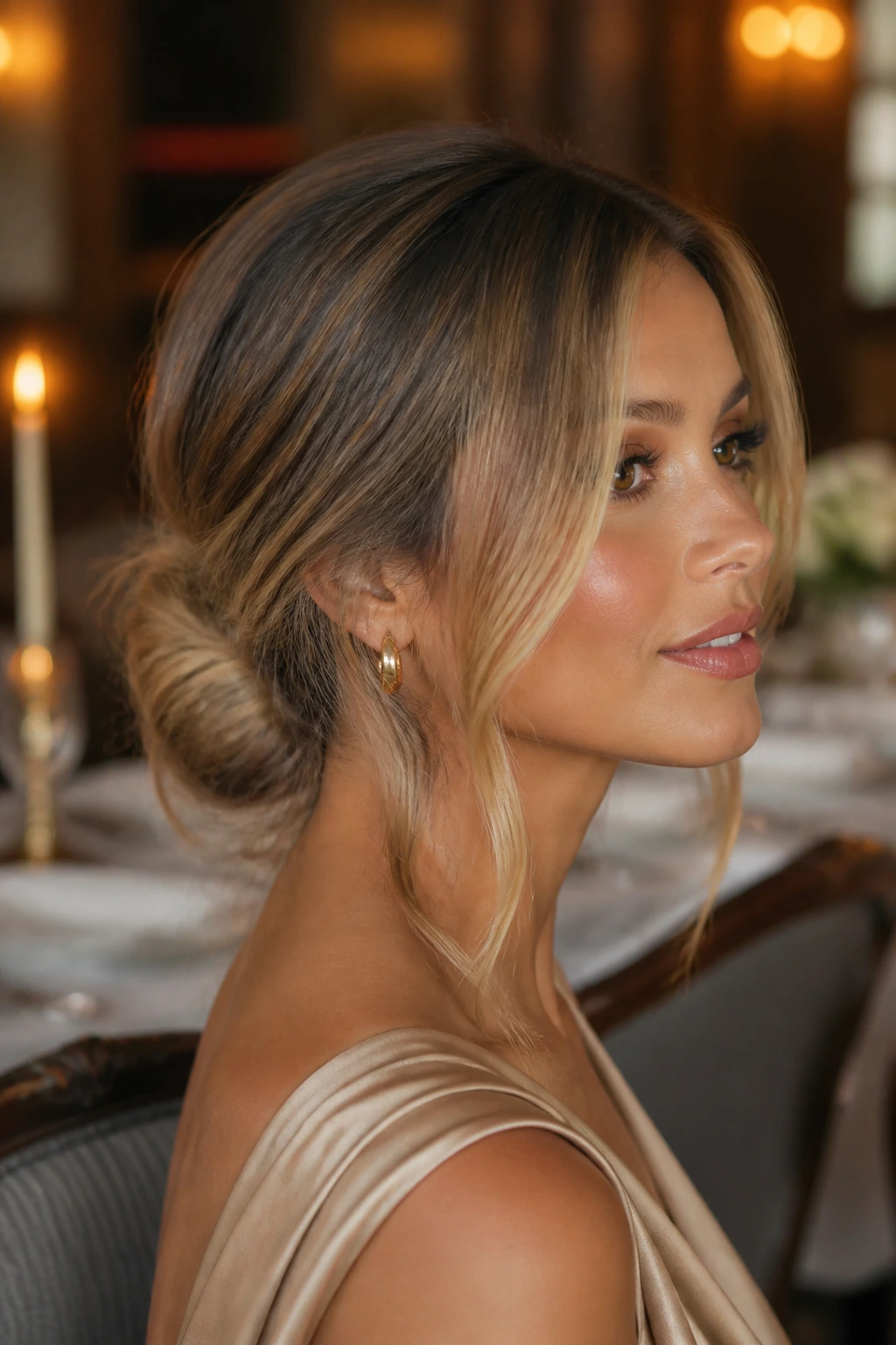 Close-up portrait of a real woman with a low chignon and caramel face-framing pieces in warm light