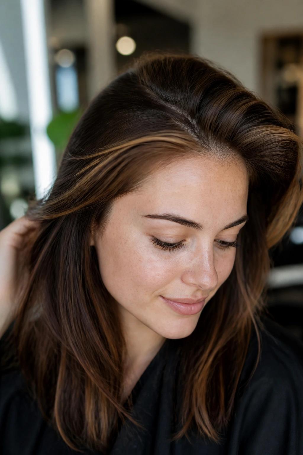 Close-up of a real woman's hairline showing a subtle caramel veil blending into brown hair in a salon.