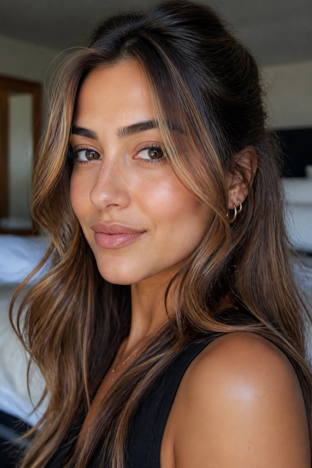 Olive skin with whisper-thin caramel veil framing the face.
