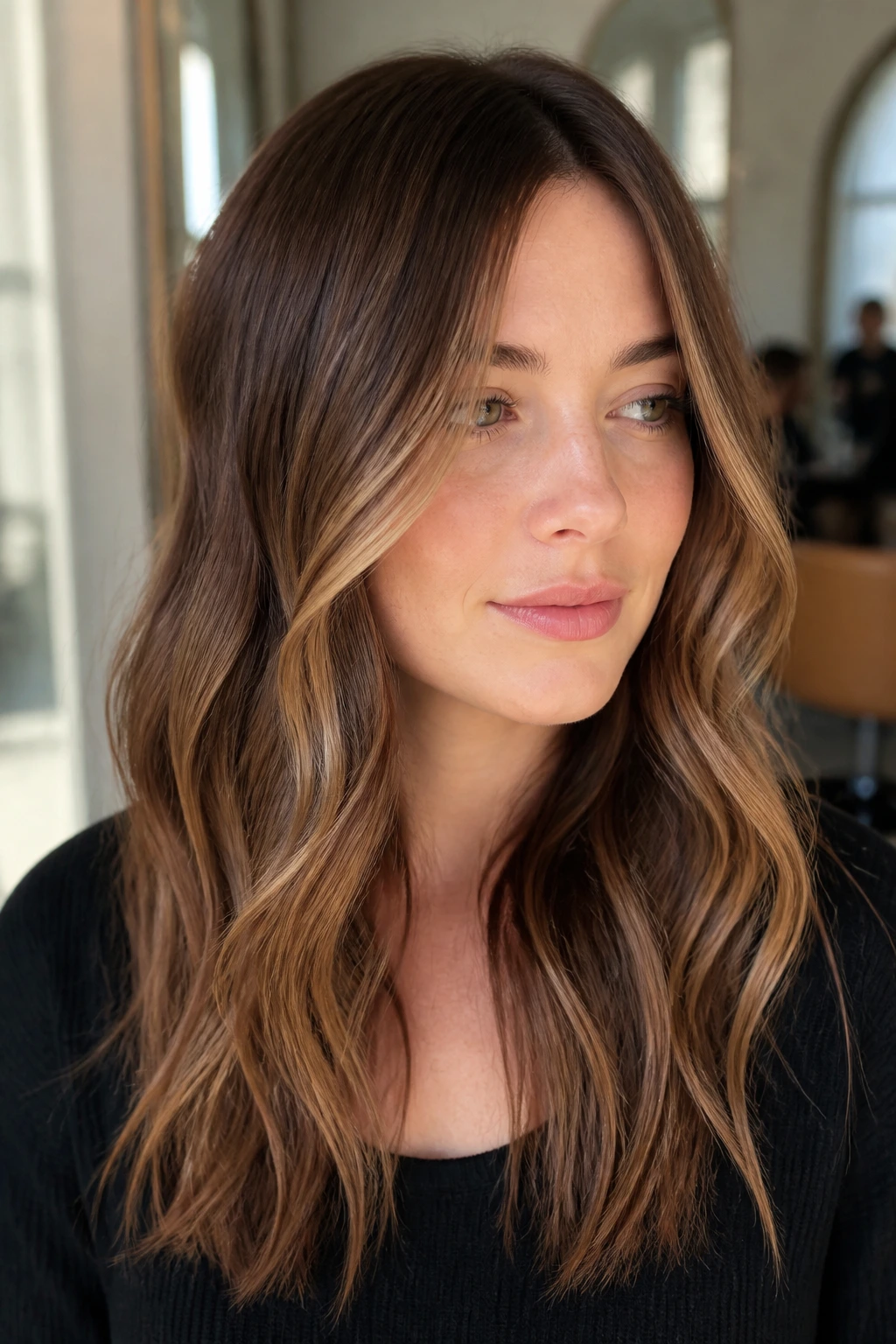 Close-up portrait of a real woman showing caramel veil on neutral brown lengths.