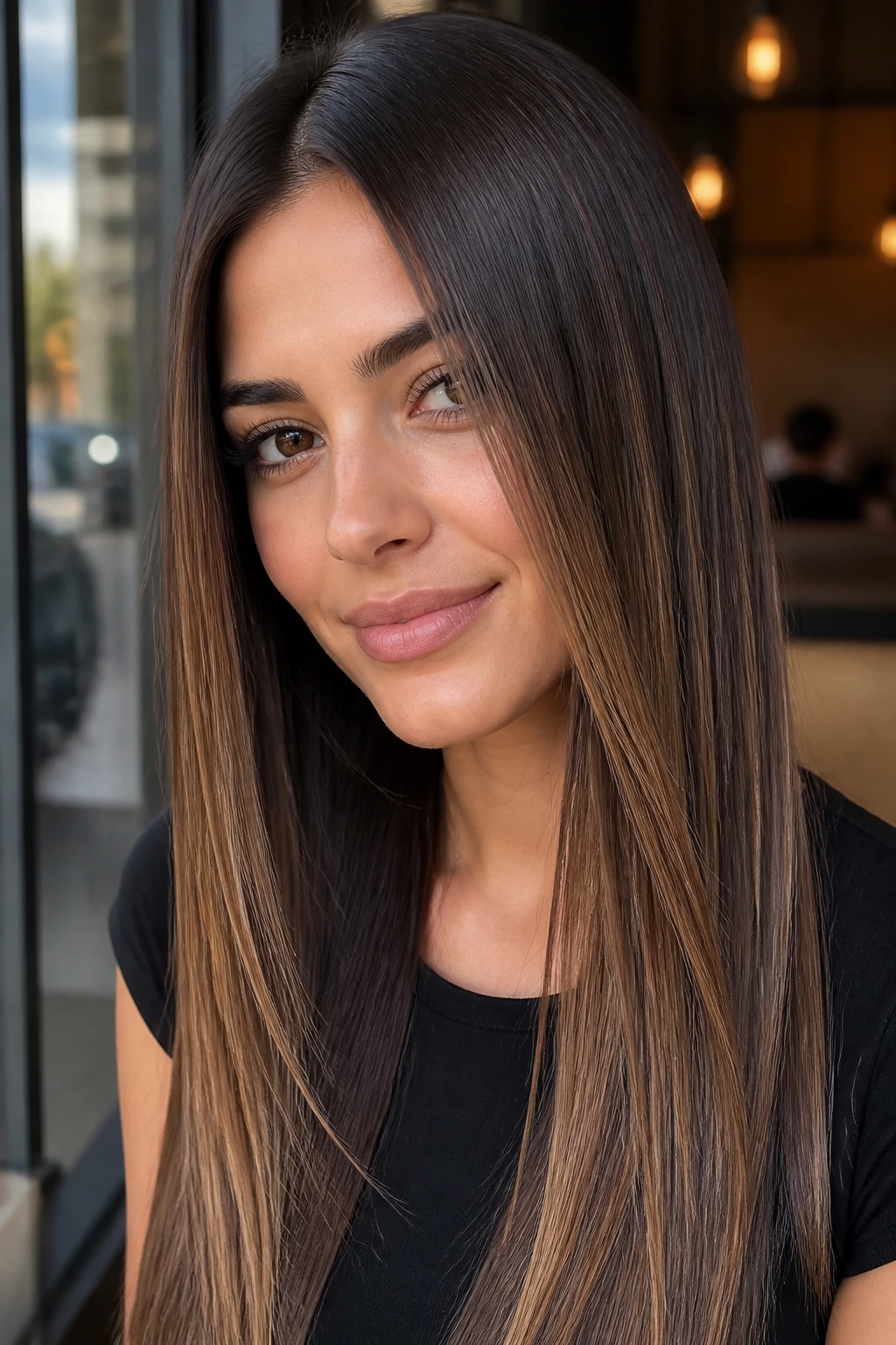 Close-up of straight brunette hair with a delicate caramel veil.