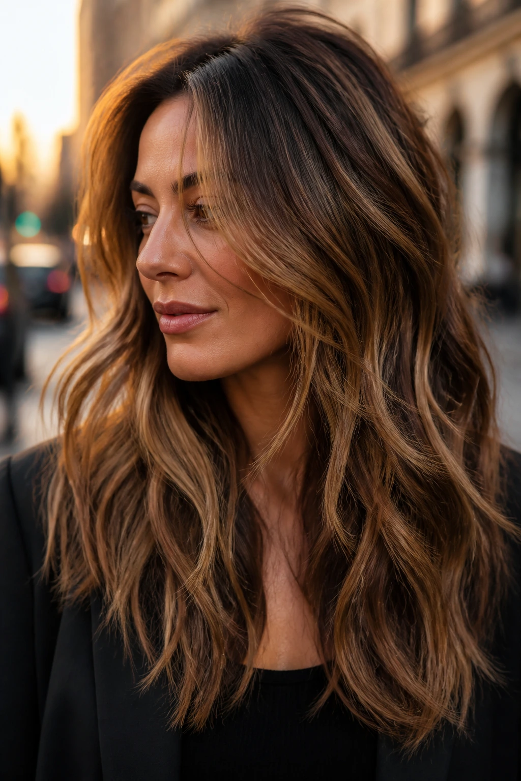 Close-up portrait of a real woman with disconnected layers and caramel veils