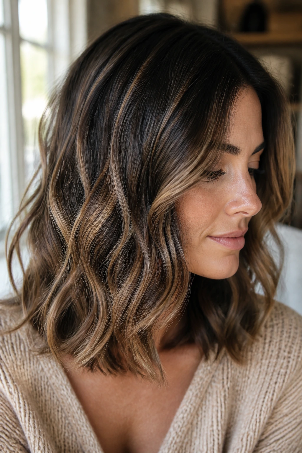 Close-up portrait of a real woman with caramel veils on a wavy lob.