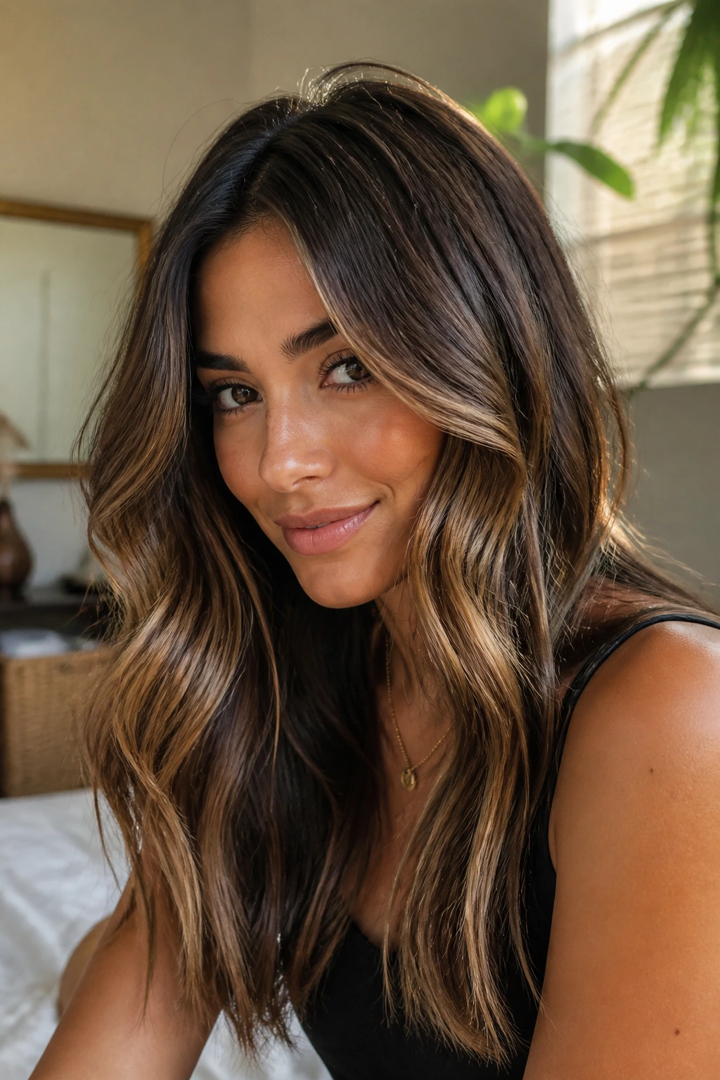 Close-up of a real woman with caramel ribbon waves and warm brunette tones