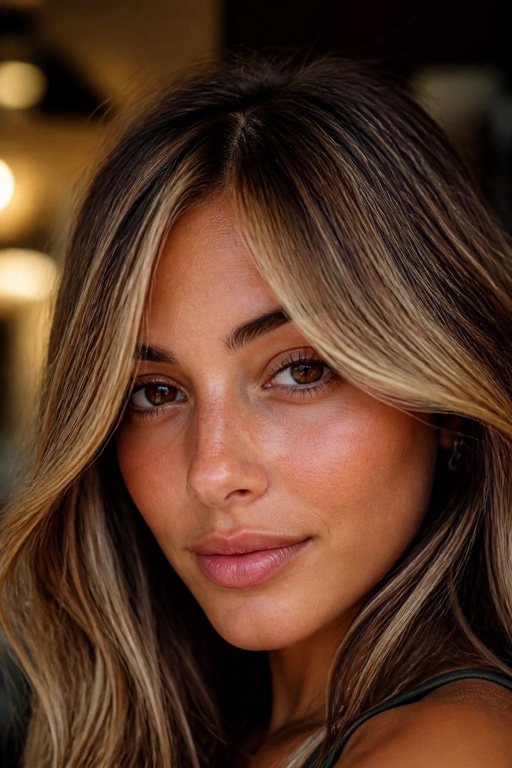 Close-up of a woman with caramelized fringe pieces