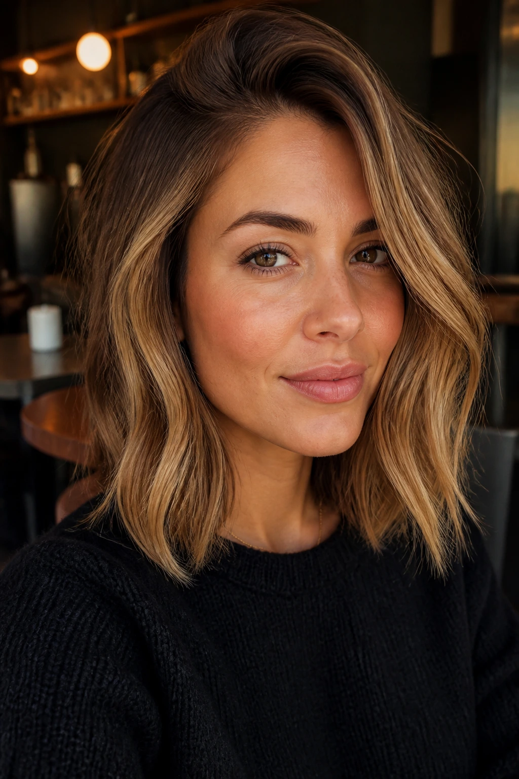 Close-up of a woman with caramelized long bob and deep side part in warm light