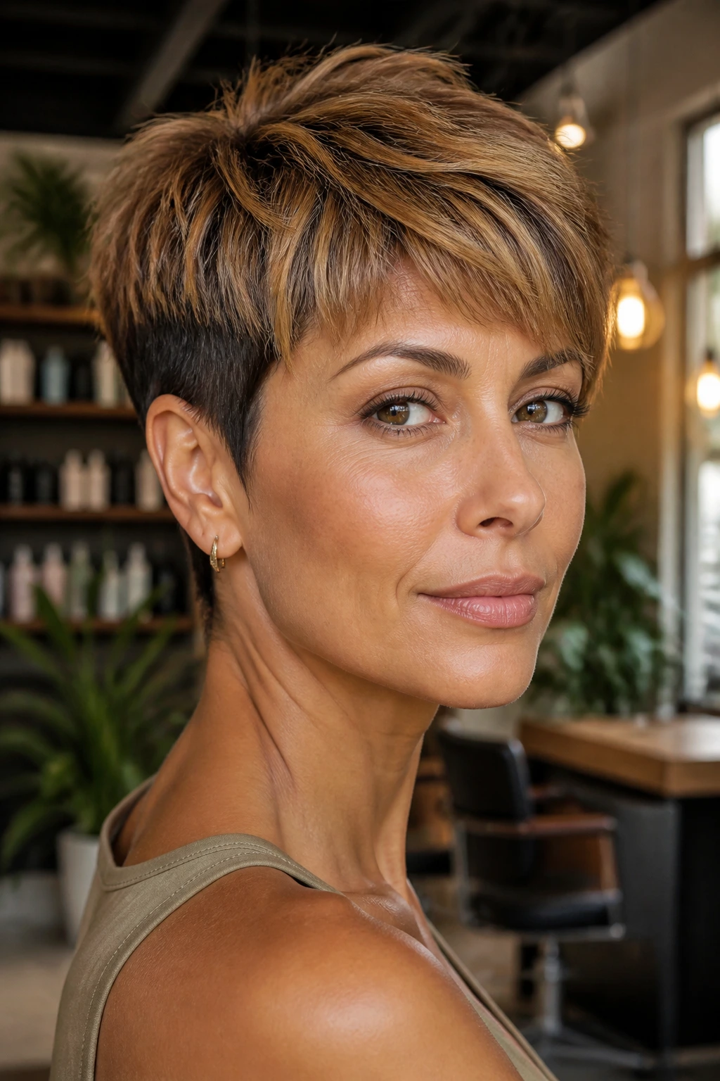 Close-up portrait of a real woman with caramelized pixie crop and warm highlights.