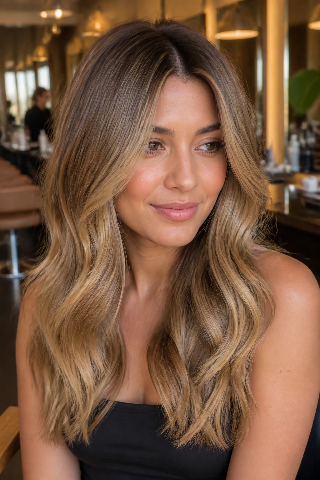 Close-up of a real woman with Caramelized Root Melt hair color featuring seamless caramel-gold roots.