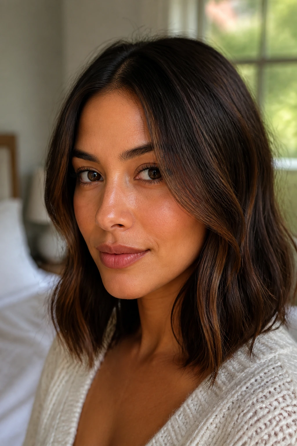Close-up of a real woman with carob face-framing panels around the cheeks.