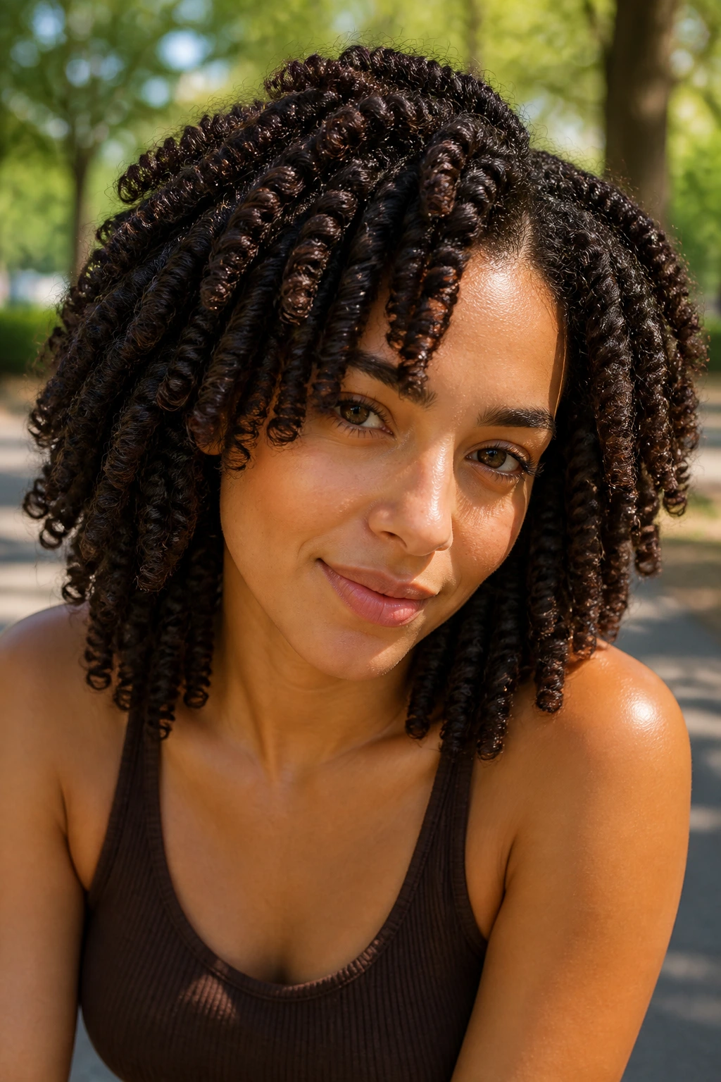 Real woman with carob twist-out showing defined coils and deep brown color