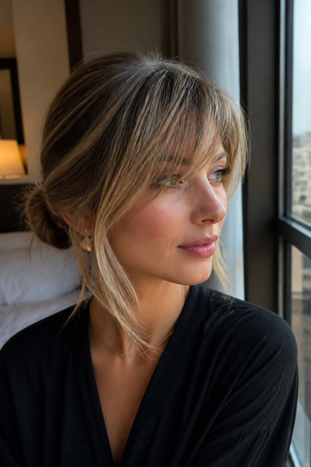 Portrait of a traveler with travel-friendly hairstyle and side-swept bangs.