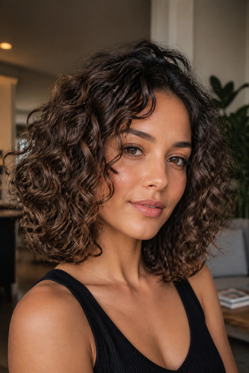 Close-up portrait of a real woman with carved-out curl lob and layered curls in warm indoor light.
