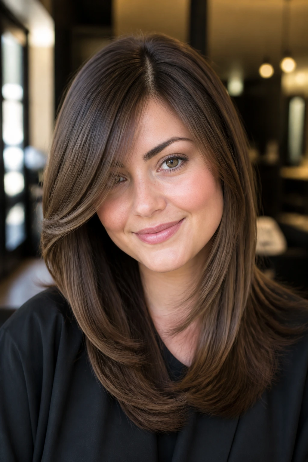 Close-up of a woman with a carved side part and polished layered hair