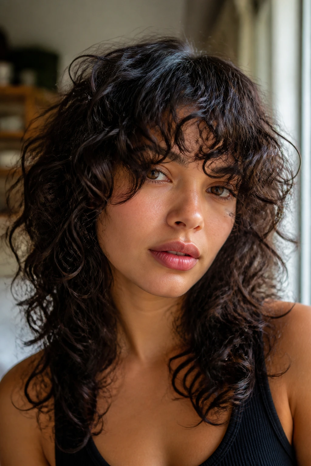 Close-up of a real woman wearing layered curly cascade bangs in a cozy indoor setting