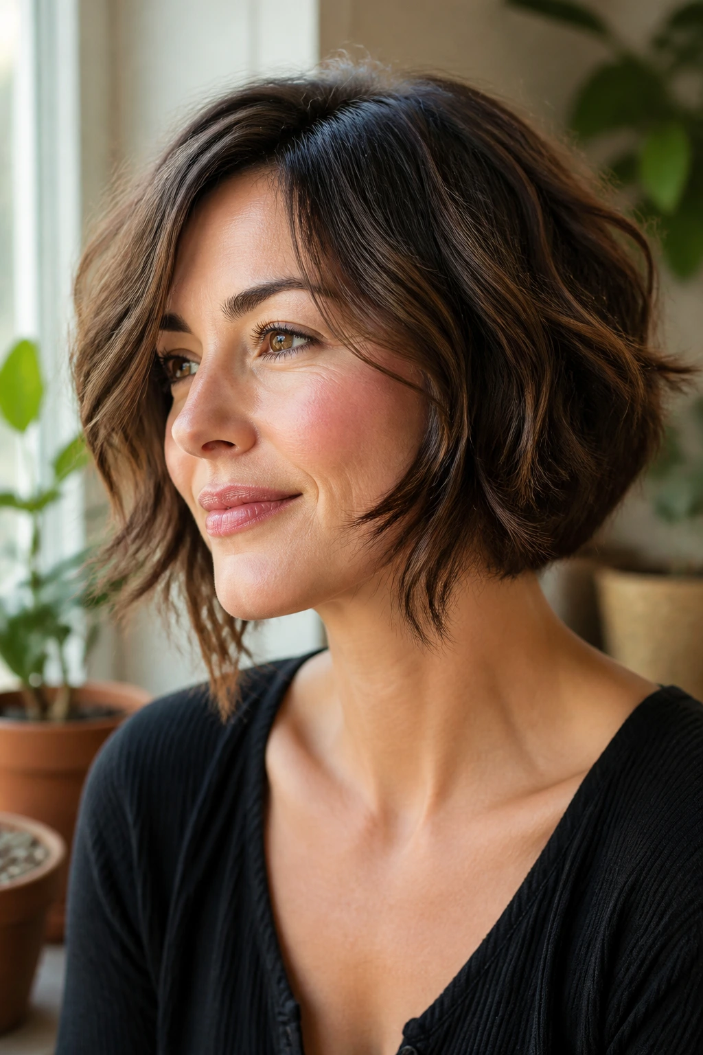 Close-up portrait of a real woman with cascade cheekbone bob and cheekbone-to-jaw movement