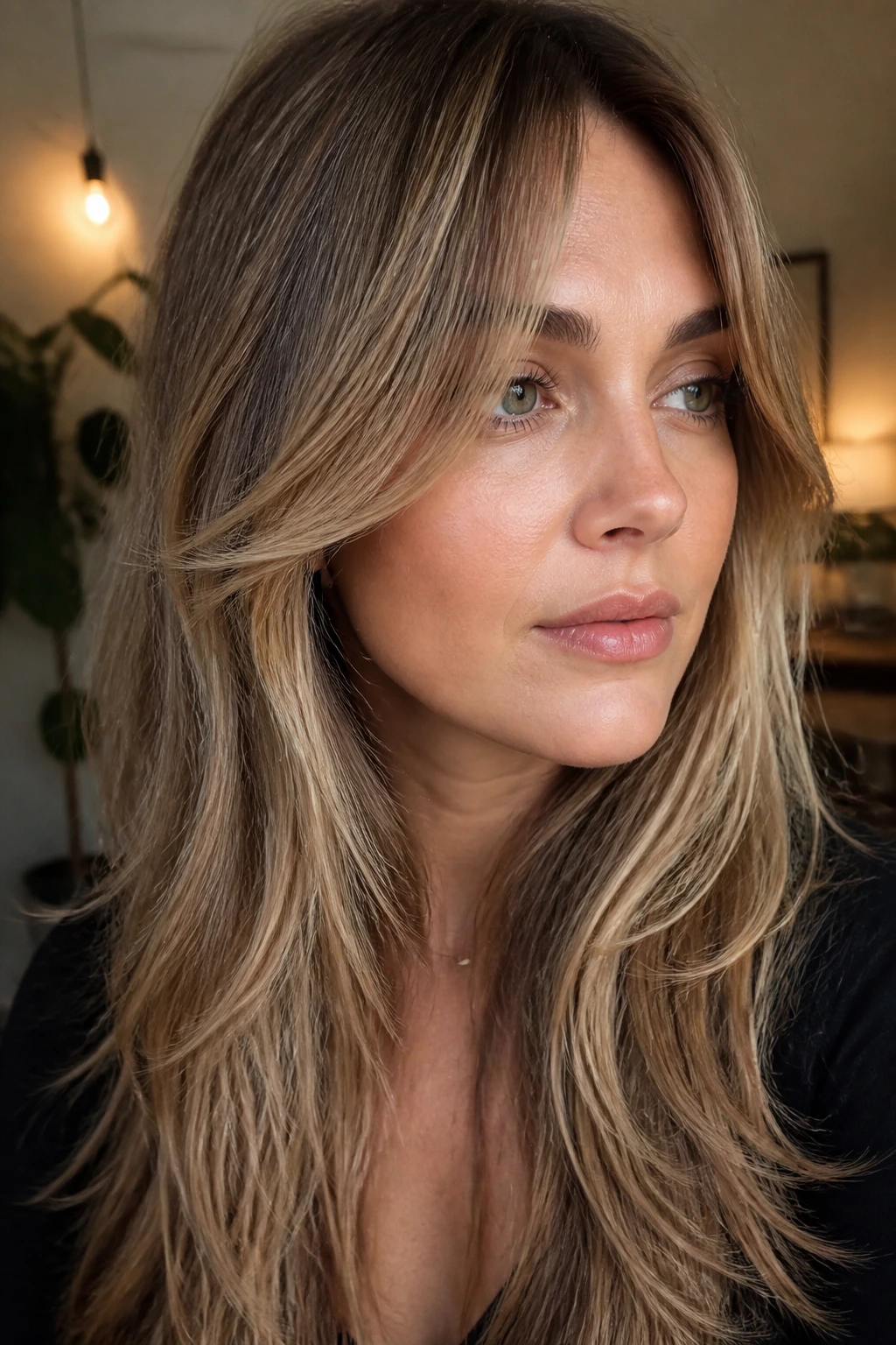 Close-up of a real woman with high-starting cascade fringe framing her face