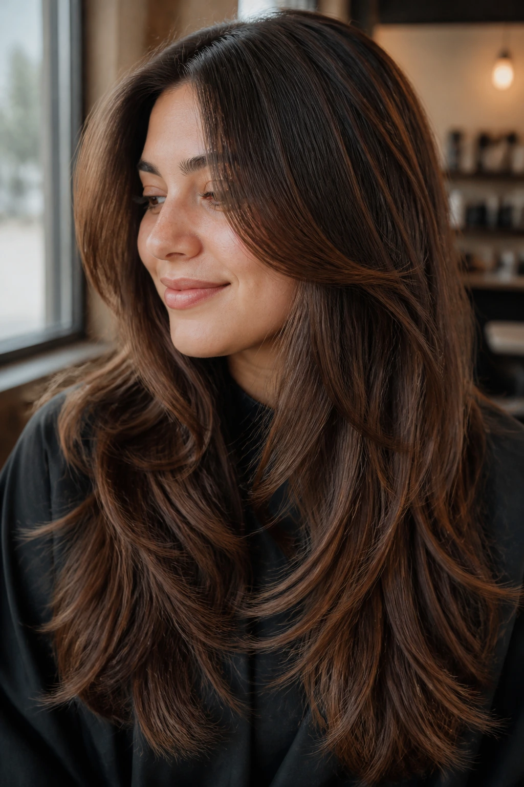 Close-up portrait of a real woman with cascade layers from crown to ends, long hair fills the frame