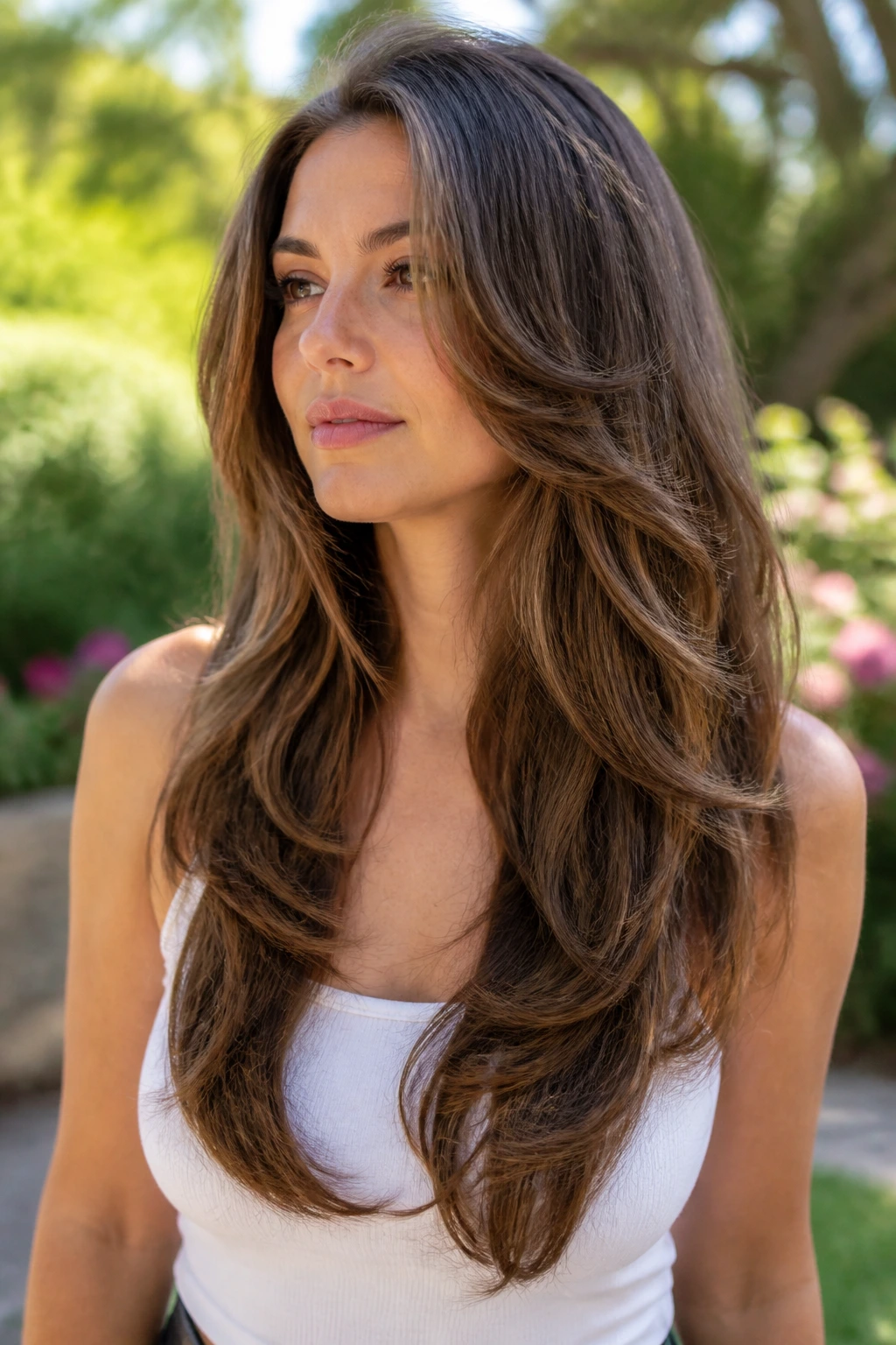 Close-up of a real woman with cascading layers on long hair