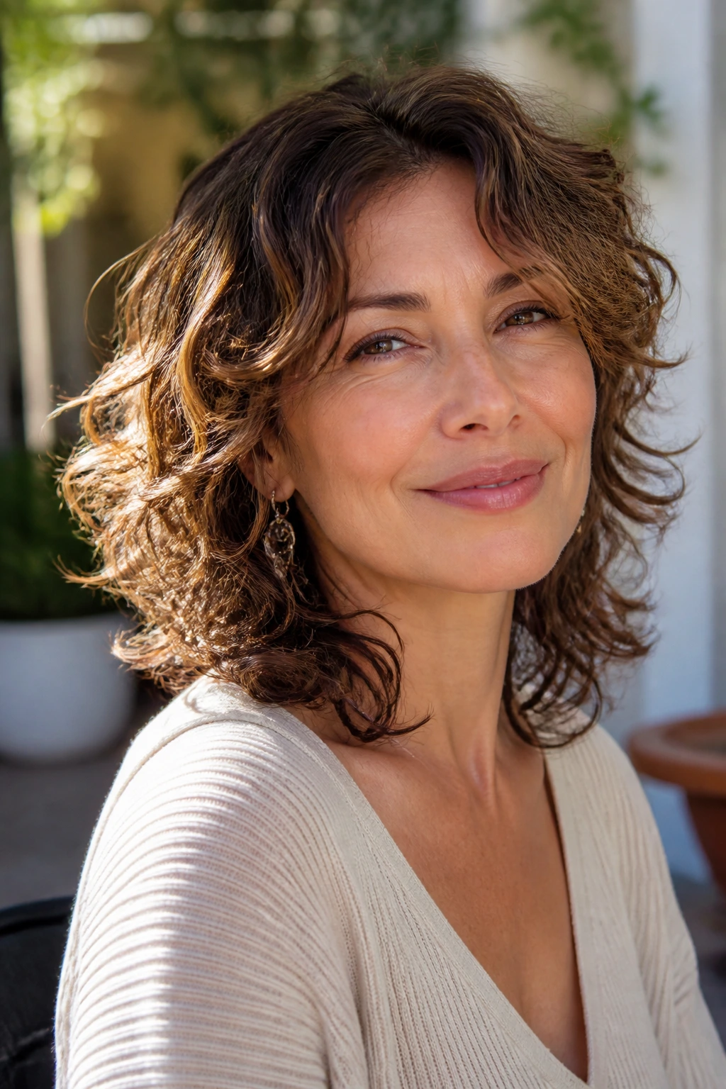 Close-up of a woman with mid-length cascade layers and swinging curls.