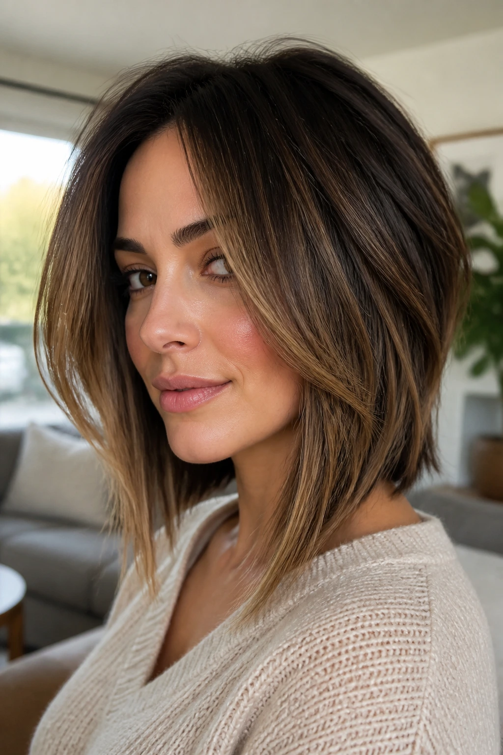 Close-up of a real woman with face-framing cascade lob front layers starting at the chin.