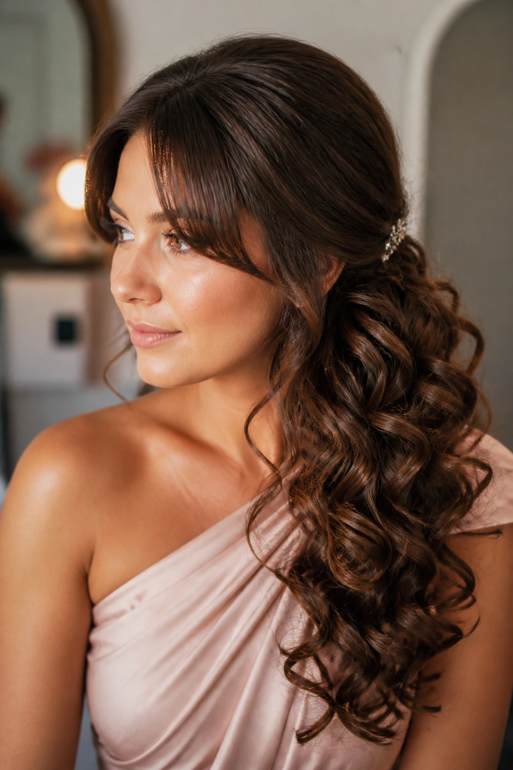 Close-up of a real woman with cascading curls pinned to one side.