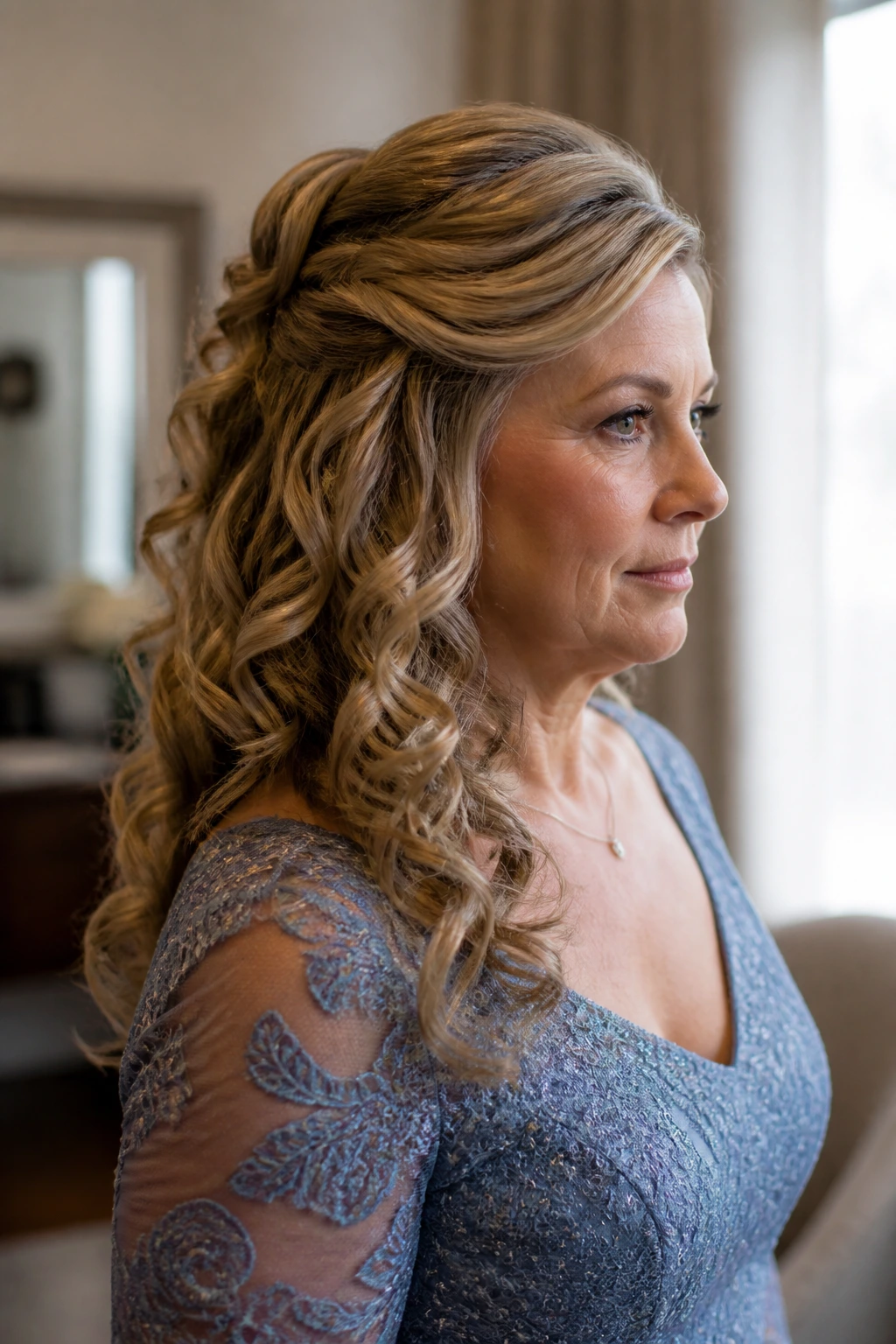 Close-up of real woman with cascading curls and selective pinning