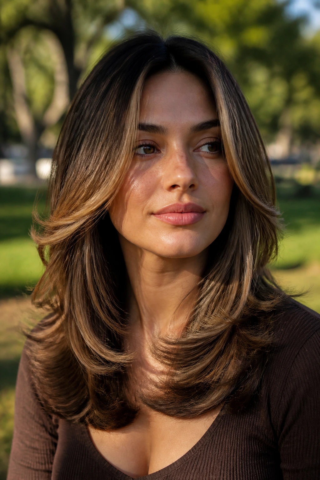 Close-up of a real woman with cascading flip layers and caramel highlights