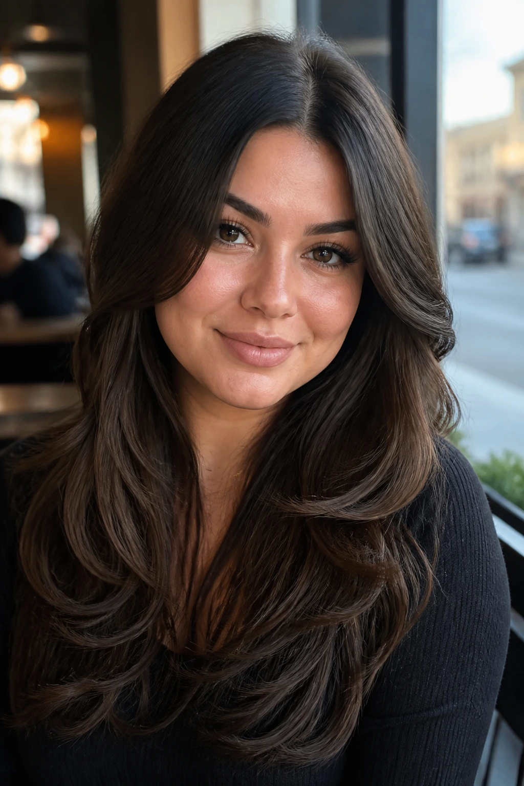 Close-up of cascading layers with center part on real woman, long textured hair and soft daylight