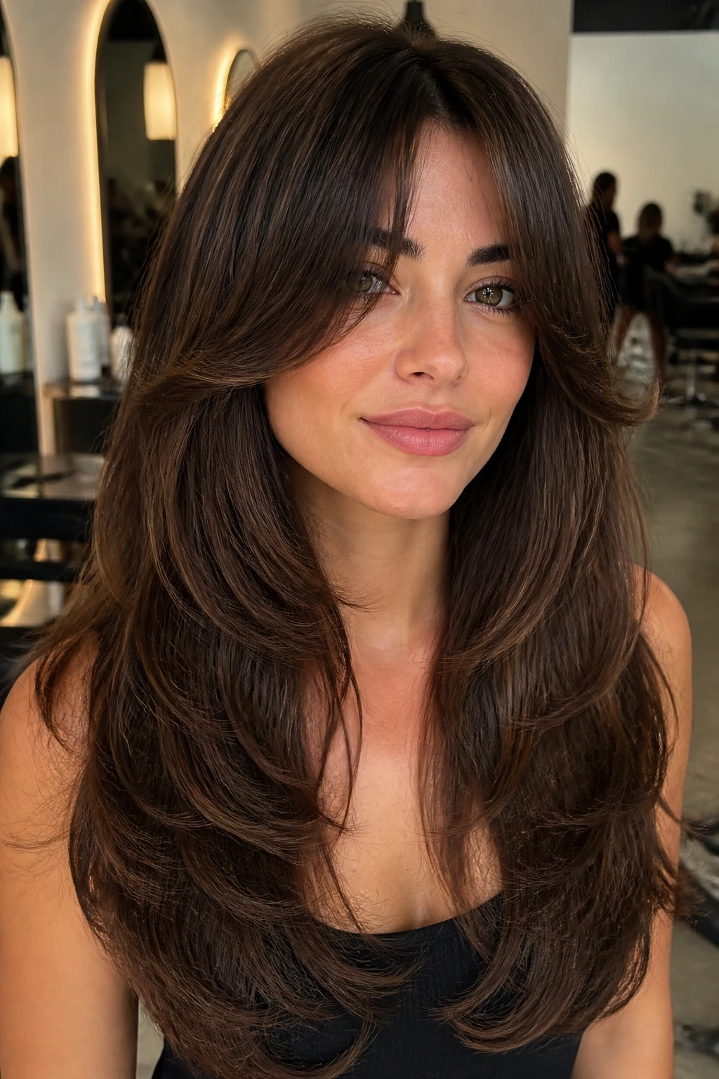 Close-up portrait of a real woman with cascading layers and curtain fringe
