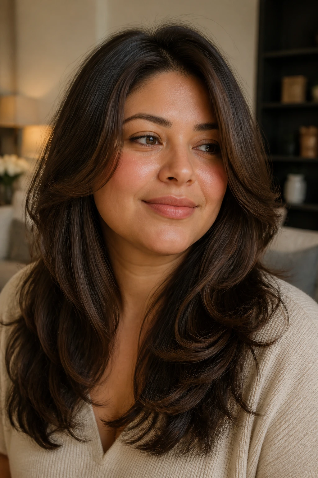 Portrait of a woman with soft cascading layers that fall below the cheekbone indoors