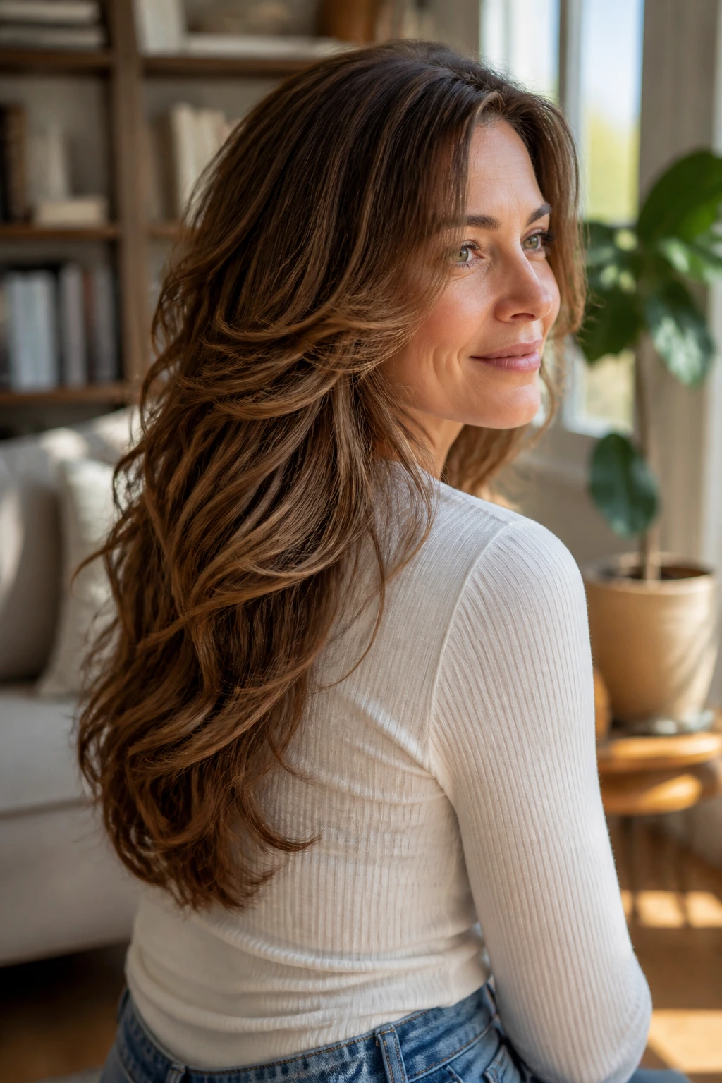 Portrait of a real woman with cascading mid-back layers in soft sunlight