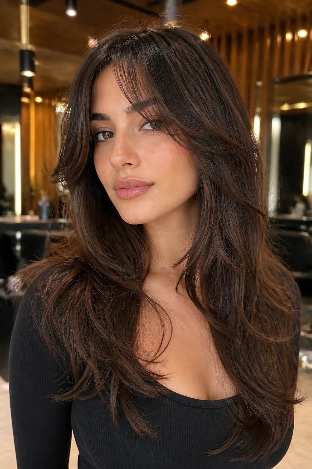 Close-up portrait of a real woman with cascading mid-back shag showing long layered hair