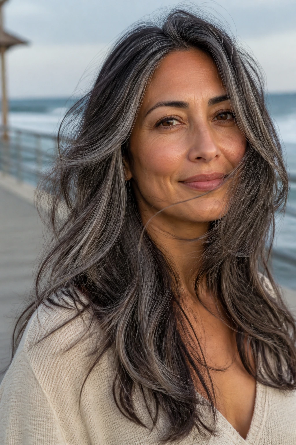 Portrait of a woman with cascading smoke grey layers