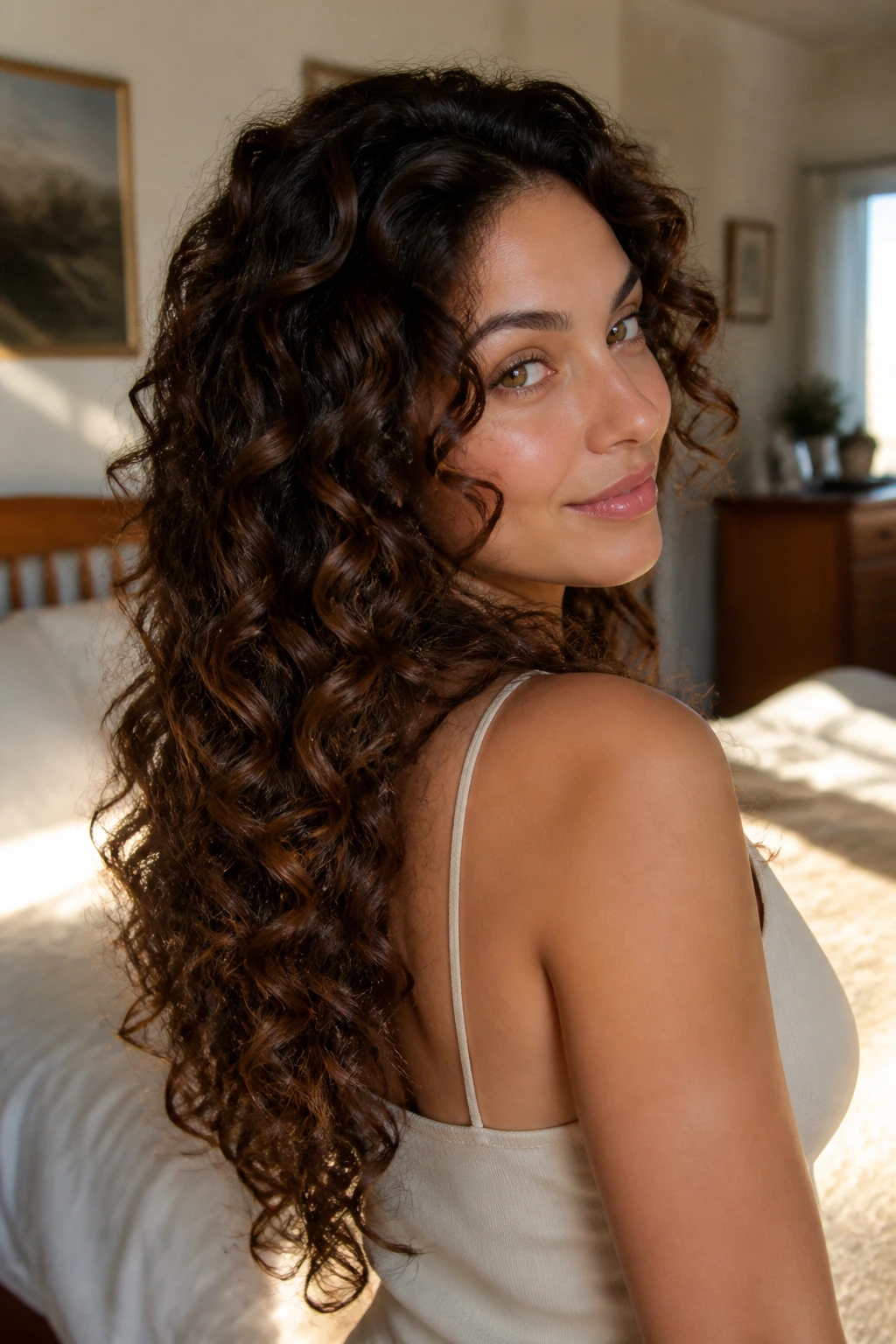 Close-up of a real woman with cascading V-cut curls in a sunlit bedroom