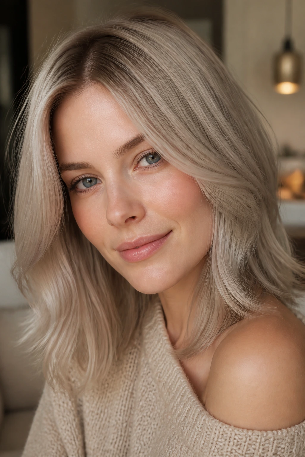 Portrait of woman with cashmere ash blonde hair and soft root depth