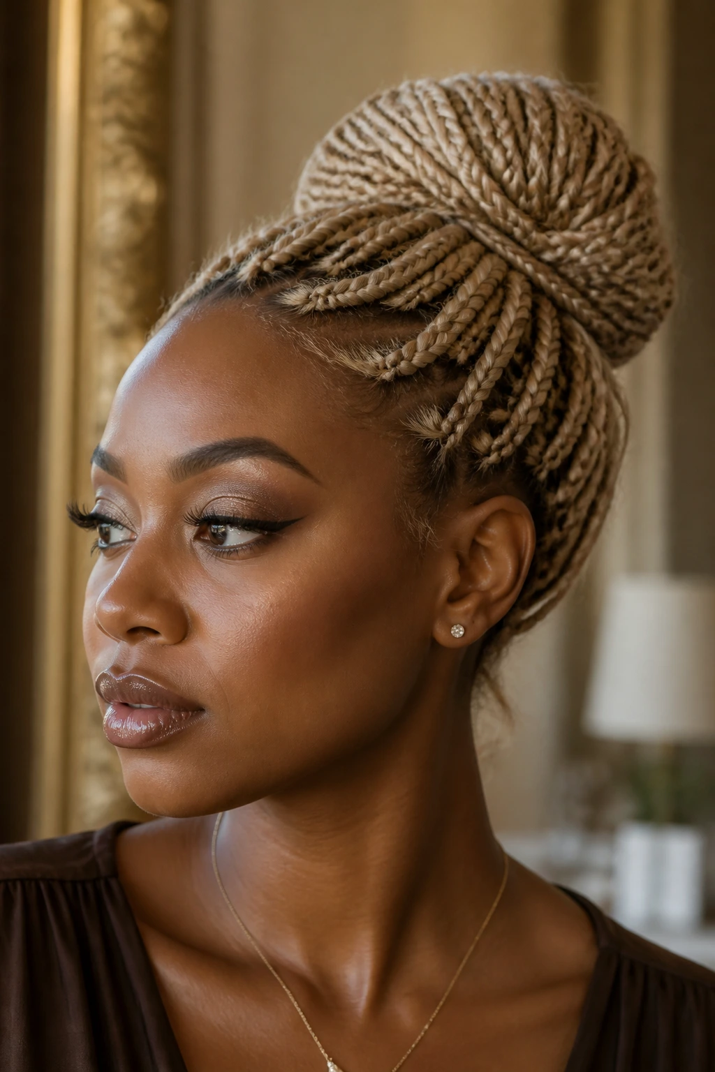 Close-up of a real person with a cashmere blonde braided bun on deep skin.