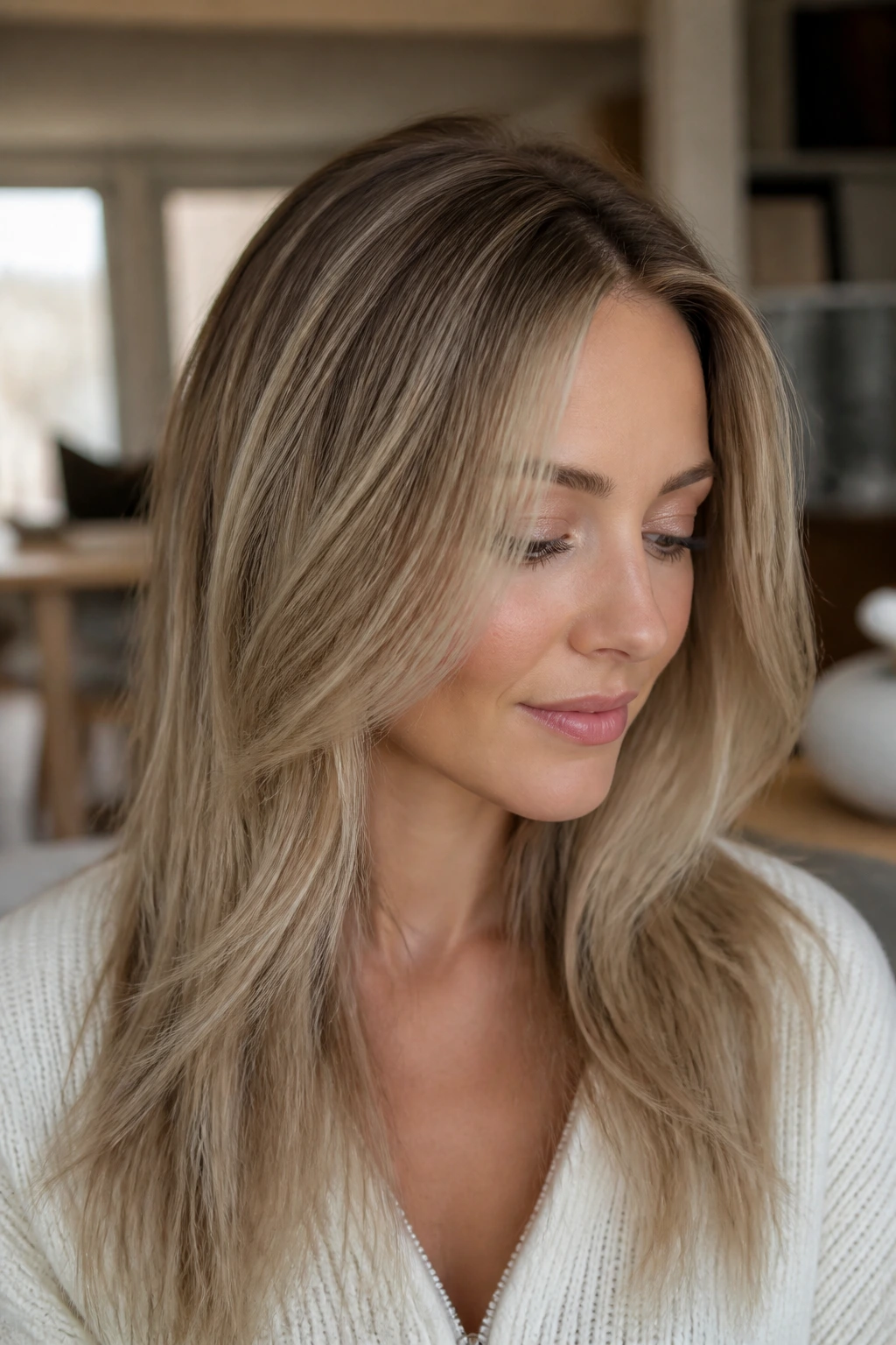 Close-up of a real woman with cashmere blonde neutral beige hair in soft lighting