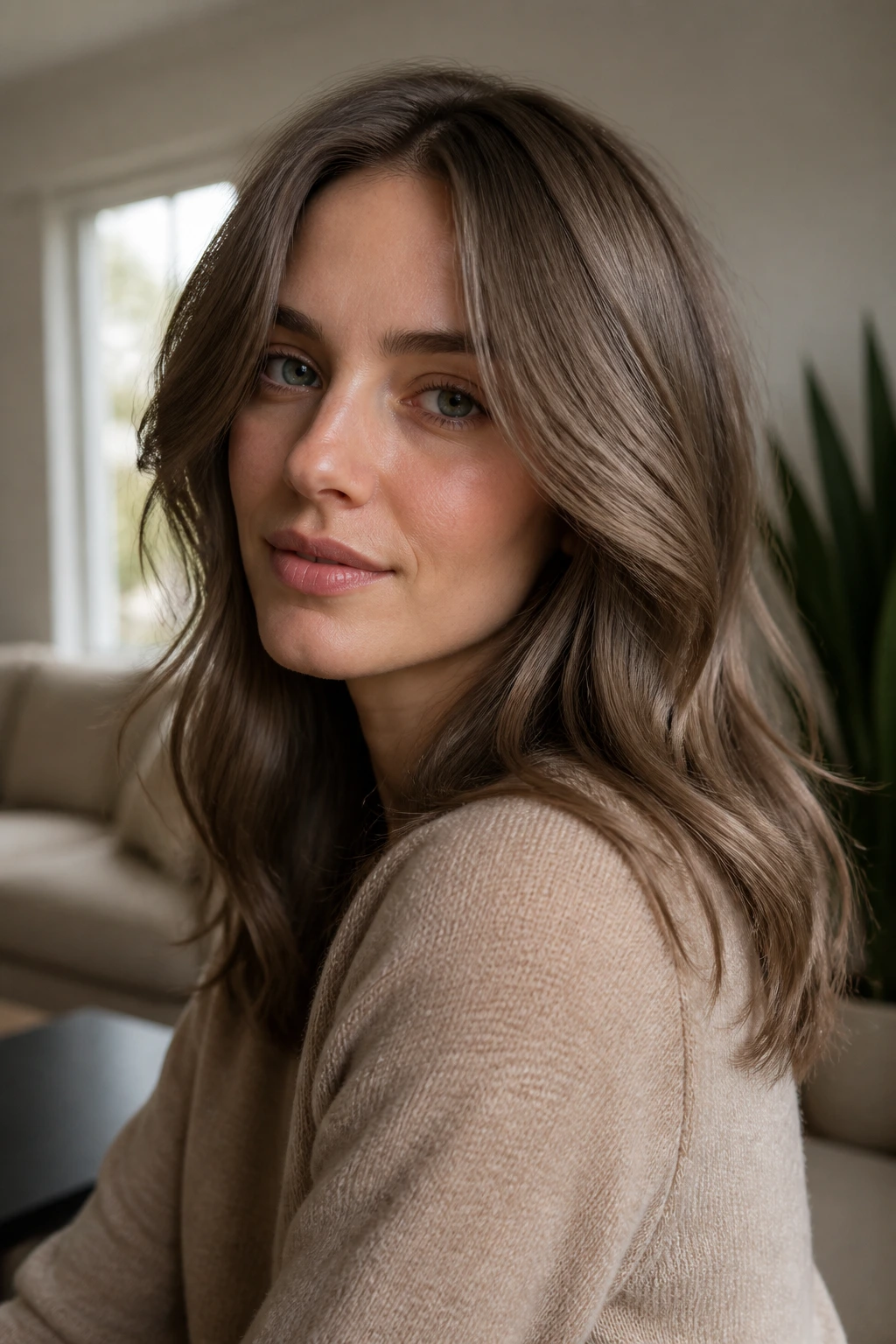 Portrait of real person with cashmere brown hair and neutral cool gloss