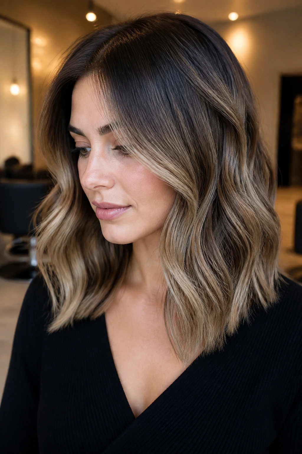 Close-up portrait of a woman showing cashmere caramel balayage with winter gloss on cool brunette hair