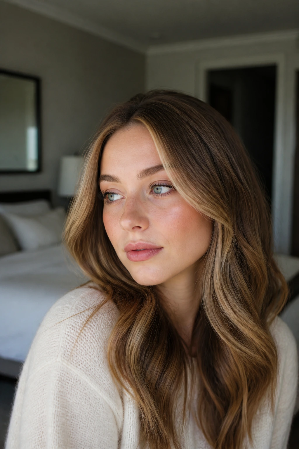 Portrait showing cashmere caramel face-framing ribbons
