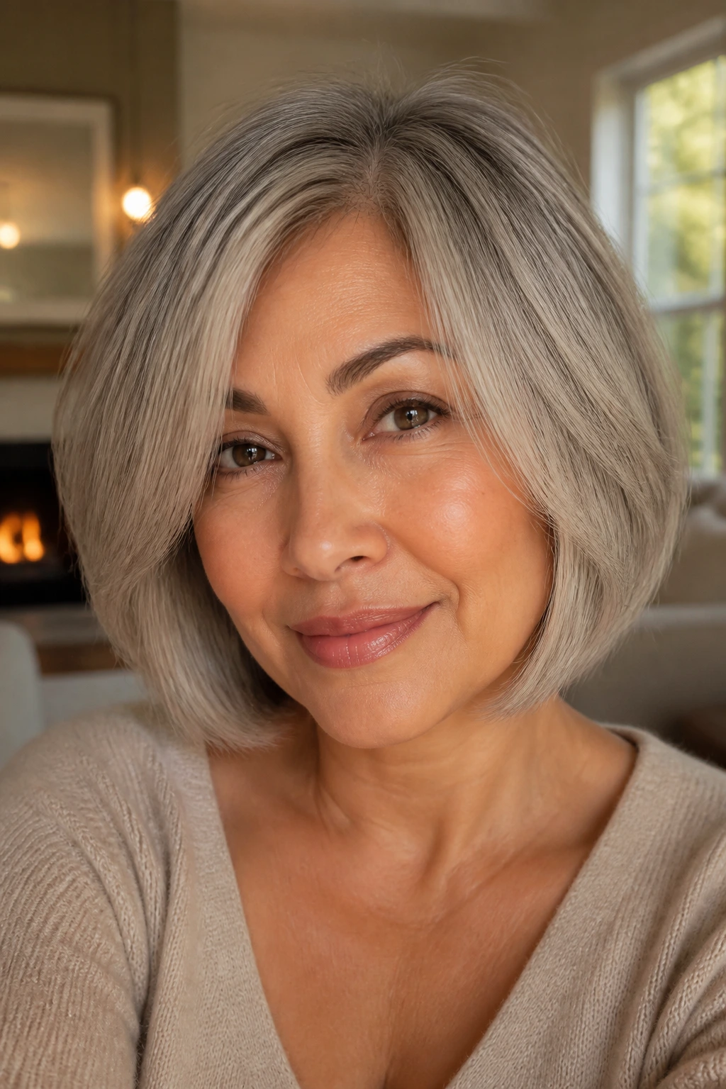 Close-up portrait of a woman with cashmere grey bob in warm light