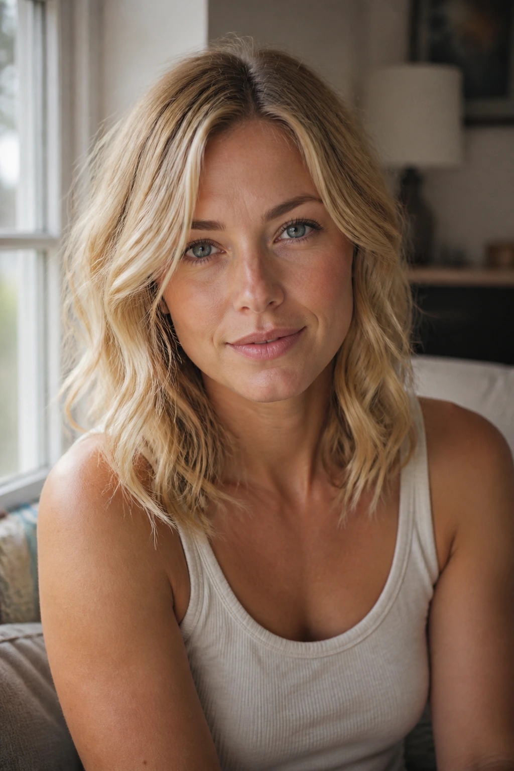 Portrait of a real woman with casual textured blonde waves in natural light