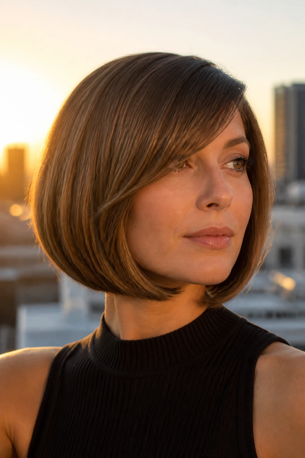 Close-up of a woman with C-curve bob and polished ends