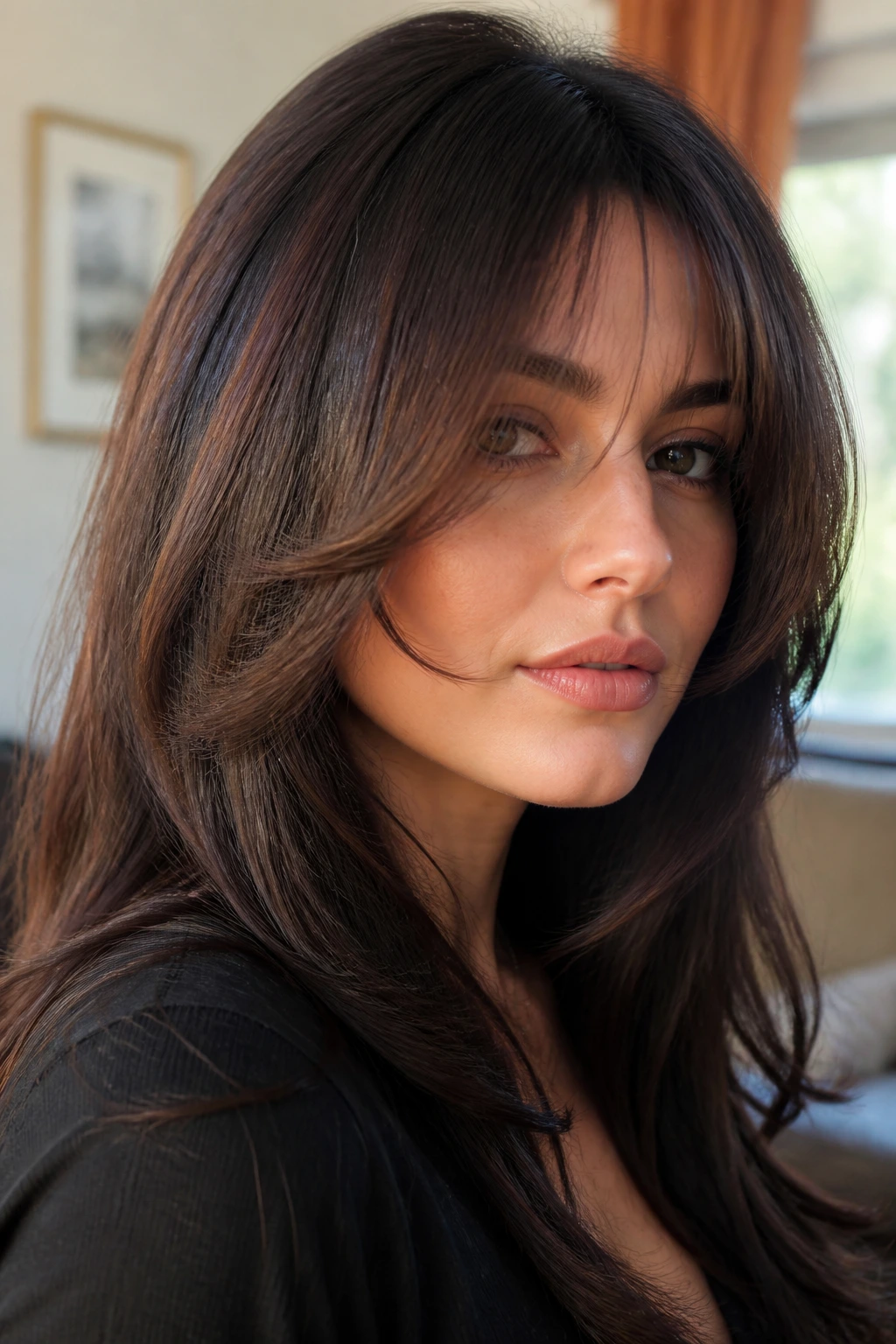 Close-up of a real woman wearing a C-Curve fringe hugging the cheekbones.