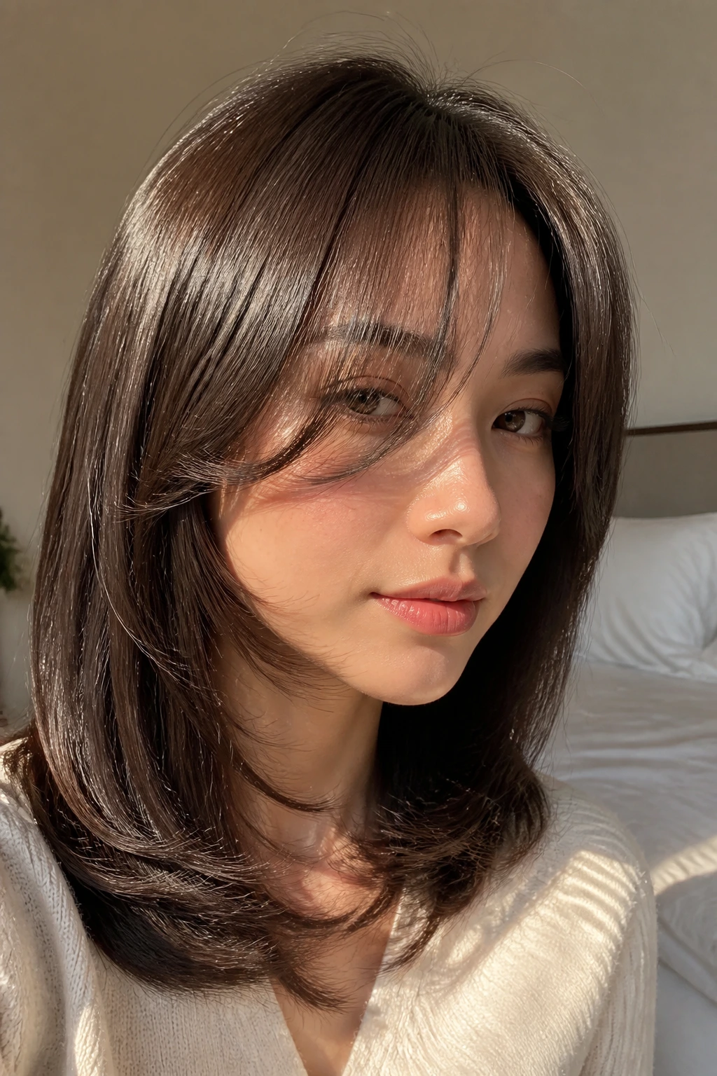Close-up of a real person with C-Cut layers and airy curtain fringe in warm window light