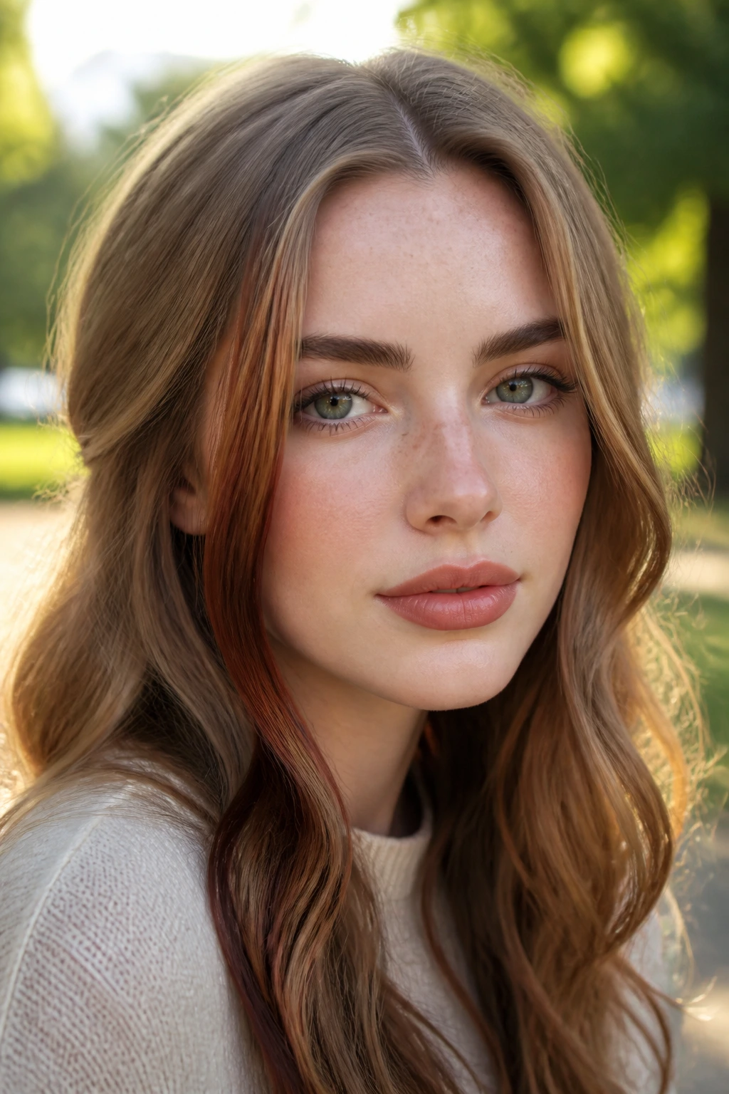 Close-up portrait of a real woman with cedar brown face bands framing the cheeks