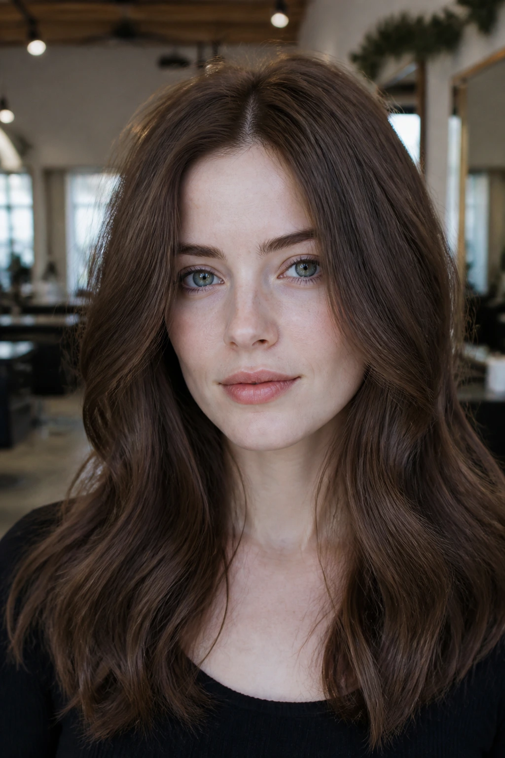 Close-up of a real woman with cedar brown hair in earthy, smoky tones.