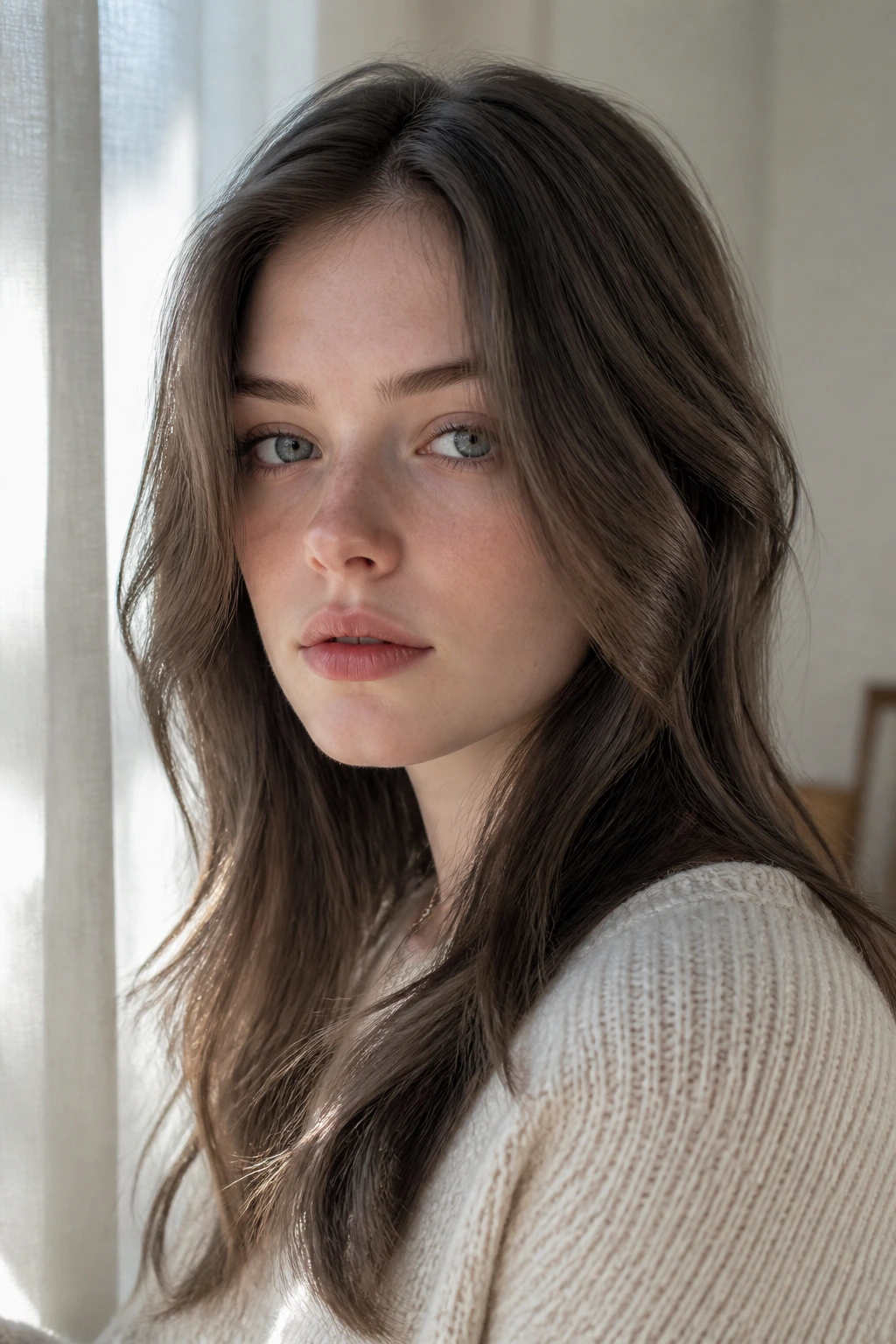 Close-up portrait of a real woman with cendré brunette hair.